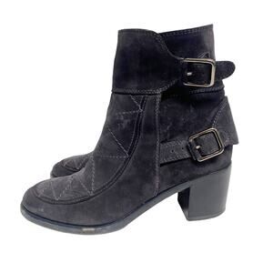 Laurence Dacade Womens Size 7 Dark Grey Suede Buckle Stacked Heel Boots
